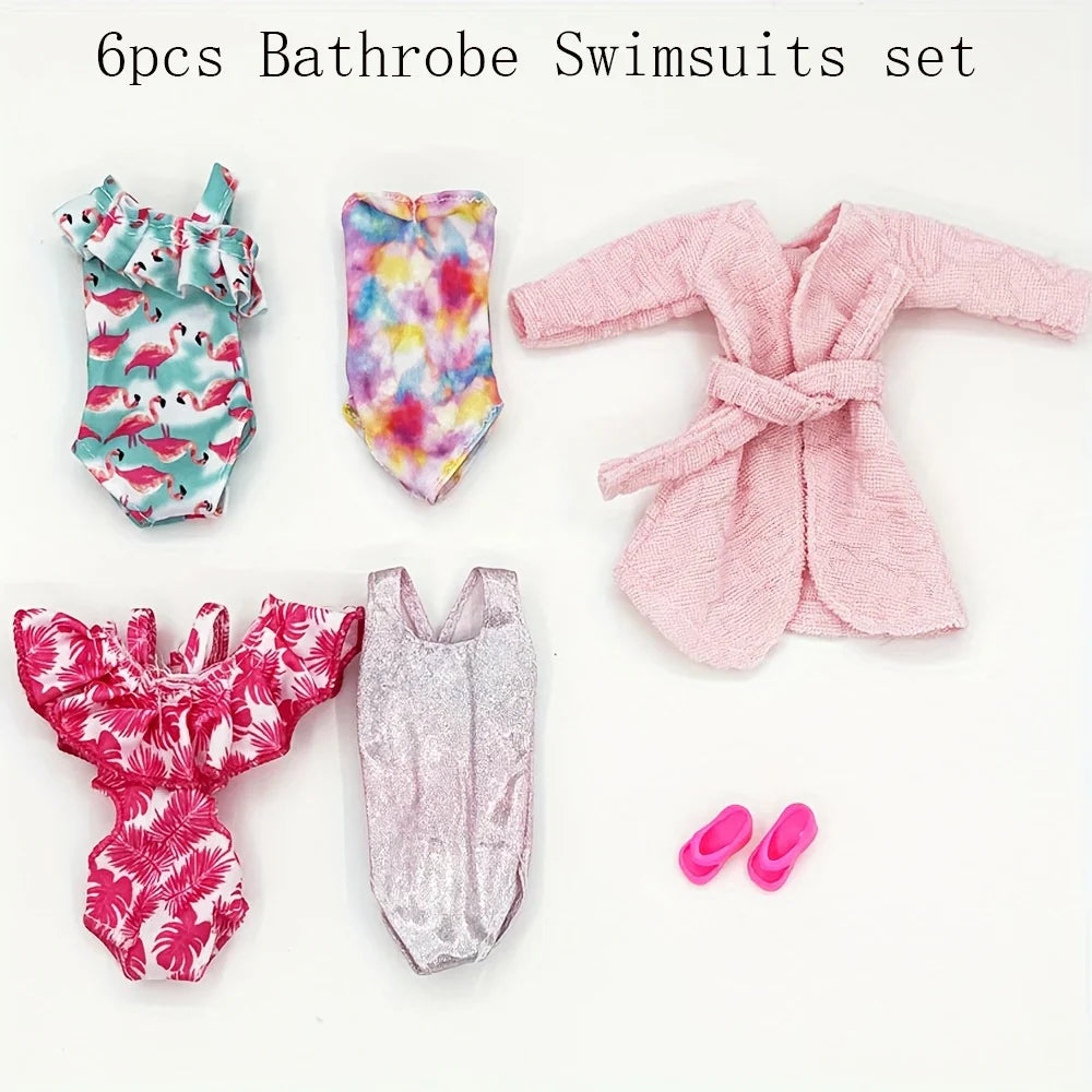 6pcs 11.5" Girl Doll Clothes Set – Swimsuits, Bathrobes, Slippers & Fashion Doll Accessories