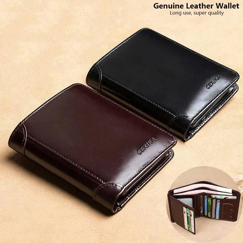 Men’s Genuine Leather RFID Blocking Trifold Wallet – Business Short Wallet with ID Window & Credit Card Holder Slim Men’s Purse Wallet