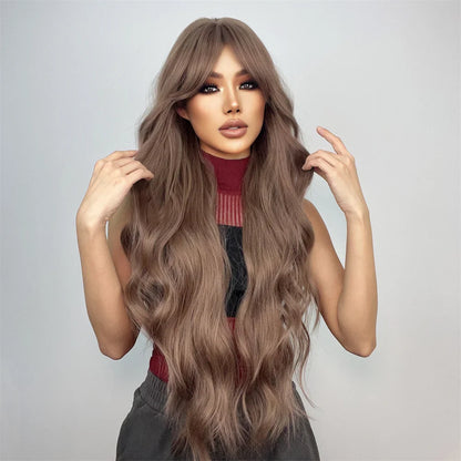 Super Long Curly Wavy Brown Synthetic Wig with Bangs – Heat-Resistant Afro Style for Cosplay, Party, Halloween, White Women