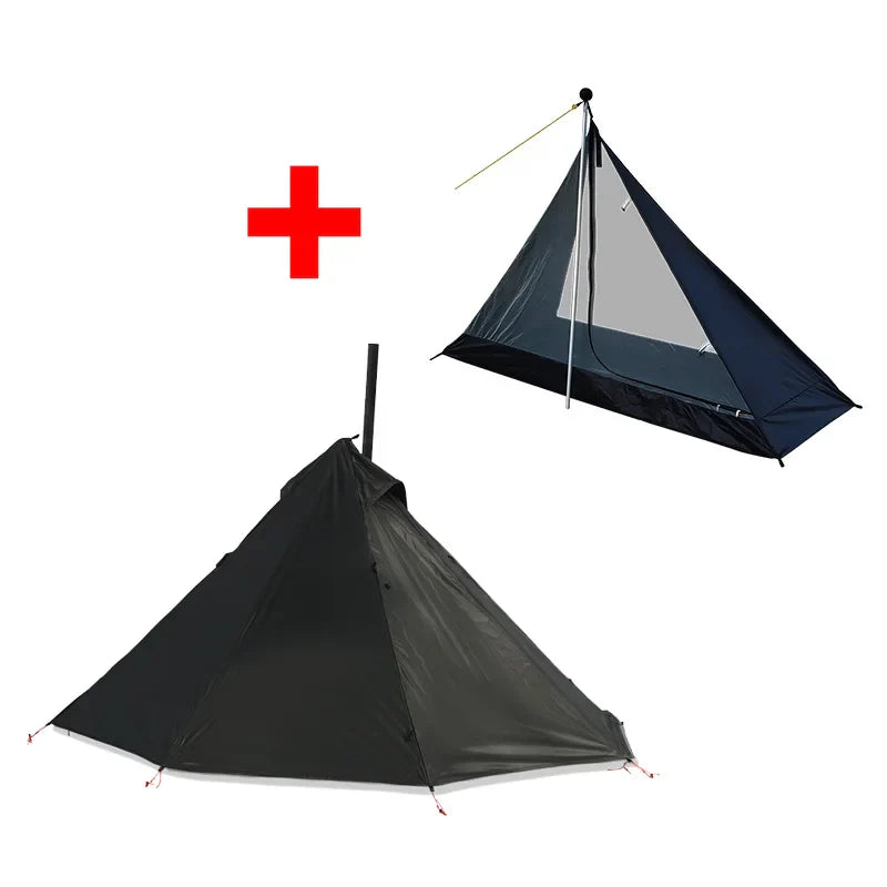 Camping Hot Tent with Chimney Window - Ultralight Tipi Teepee Pyramid, Double Layer Bushcraft Tent for 1 Person
