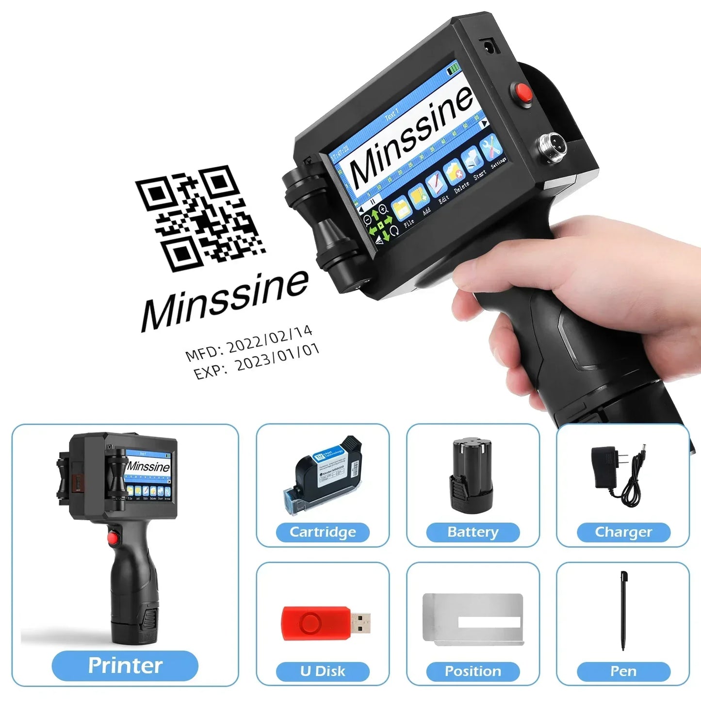 12.7/25.4mm Handheld Inkjet Printer – QR Code, Barcode, Batch, Date, Logo & Expiry Date Coding Machine with 25 Language Support, Portable Marking Tool