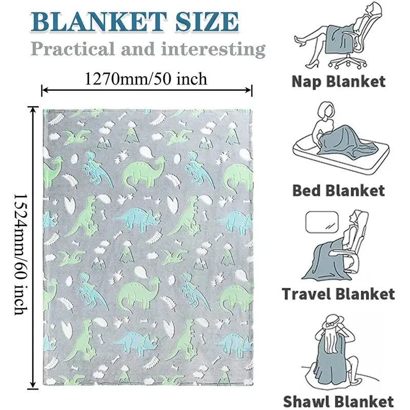 Luminous Unicorn & Dinosaur Plush Blanket – Glow-in-the-Dark Soft Flannel Throw for Boys & Girls, Christmas Gift