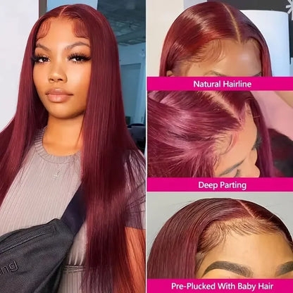 Burgundy 13x6 Lace Front Human Hair Wig - 99J Straight HD Lace Frontal High Density 200% Natural Look Wig for Women