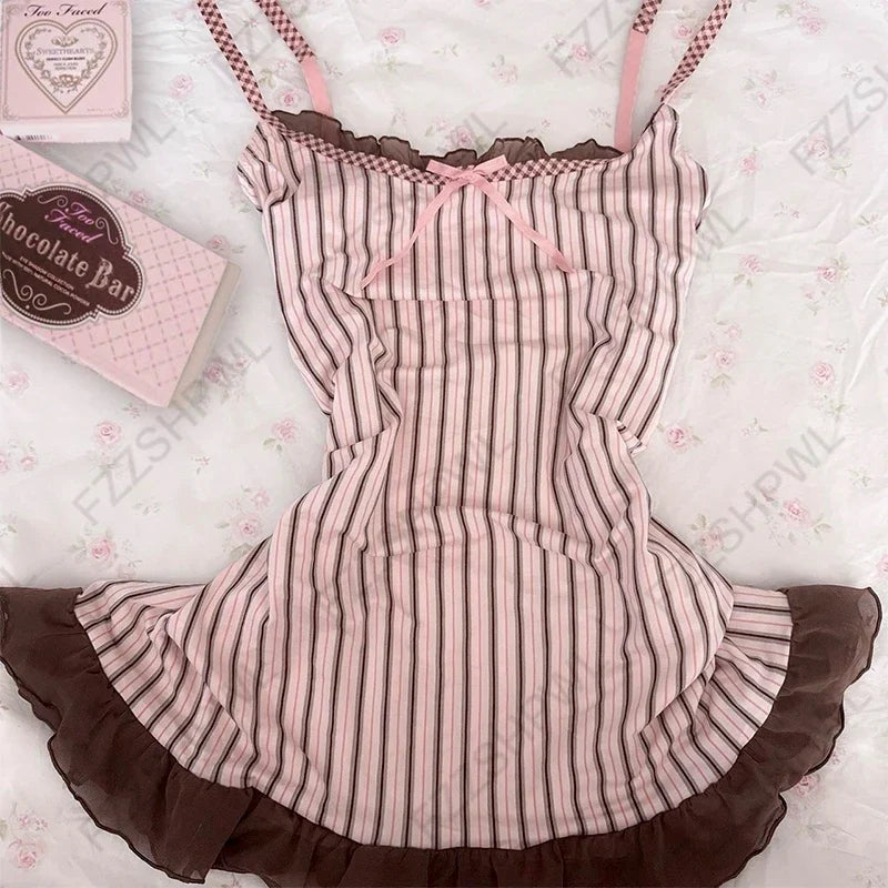 Y2K Harajuku Striped Bow Camisole Crop Top - Retro Kawaii Women's Streetwear