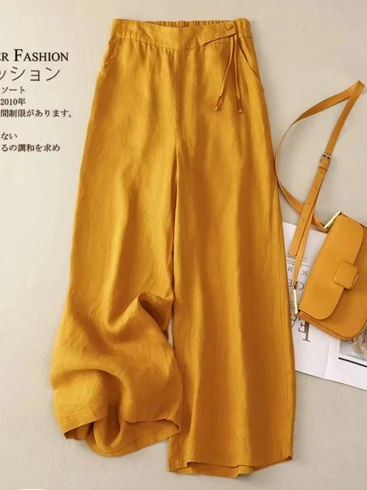 Women’s High Waist Ankle Length Pants – Loose Casual Elegant Yellow Cotton Linen Wide Leg Straight Summer Trousers