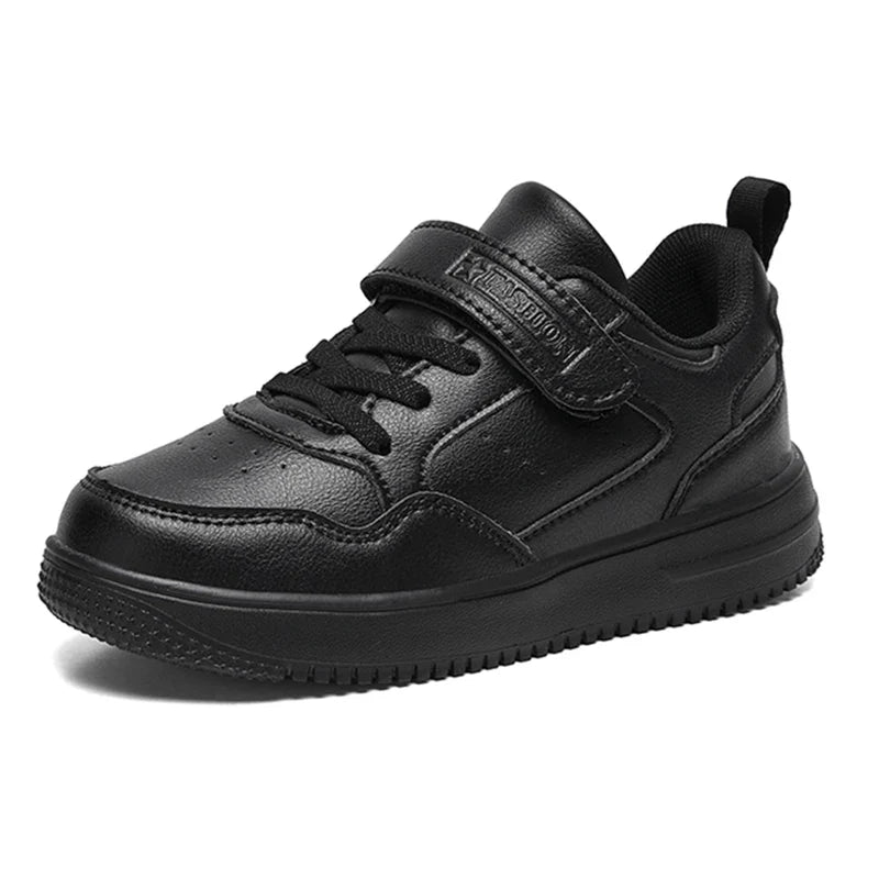 Children’s Black Leather Sneakers – Non-Slip Casual Flat Walking Shoes for Boys & Girls, Lightweight Student Sports Footwear