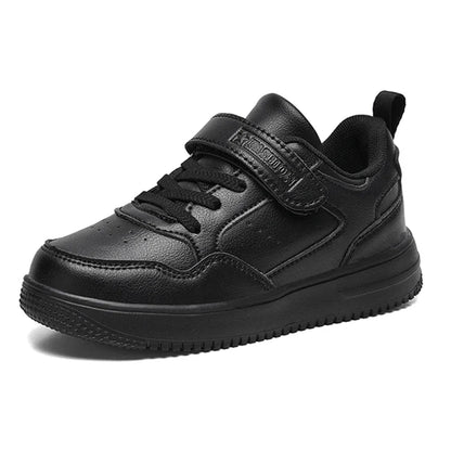 Kids' Black Leather Sneakers – Non-Slip Casual Walking & Tennis Shoes for Boys and Girls