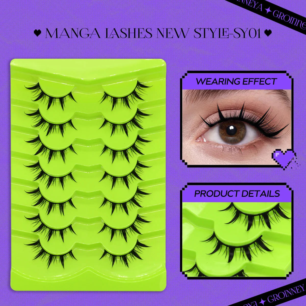 GROINNEYA Manga Lashes - 3D Natural False Eyelashes, Fluffy Soft Cross Wispy Extension Makeup (5/7 Pairs)