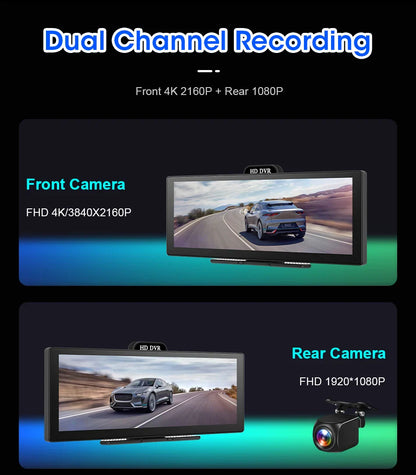 11.26-Inch 4K Dash Cam – Wireless CarPlay & Android Auto, Dual Lens DVR, Bluetooth Audio, GPS Navigation Video Recorder