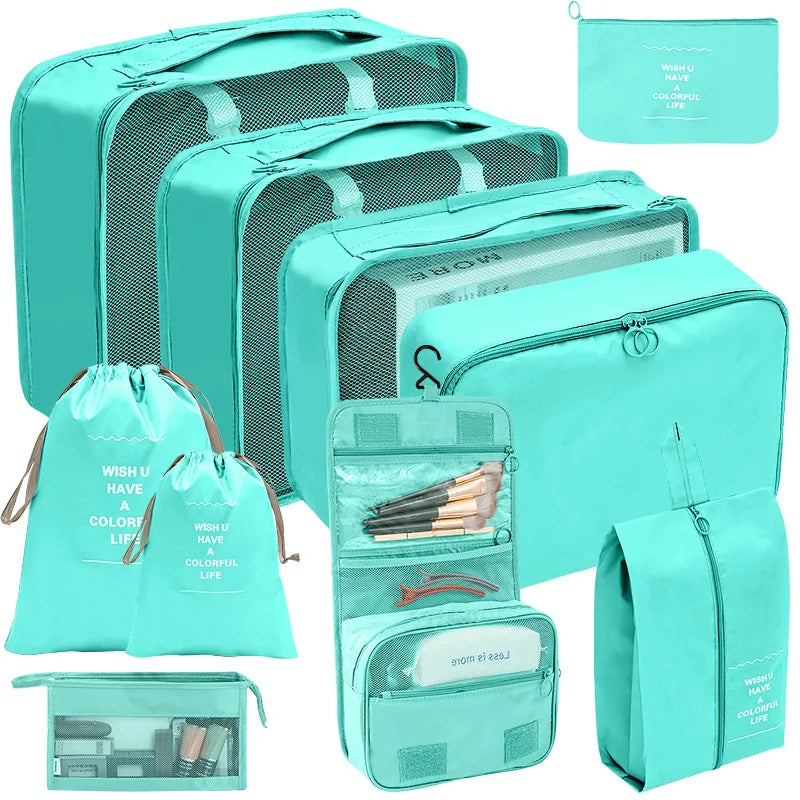 7/8/9/10-Piece Travel Organizer Storage Bags Set - Portable Packing Cubes for Suitcase, Luggage, Clothes, Shoes, Tidy Pouches, Folding Design