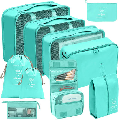 7/8/9/10-Piece Travel Organizer Storage Bags Set - Portable Packing Cubes for Suitcase, Luggage, Clothes, Shoes, Tidy Pouches, Folding Design