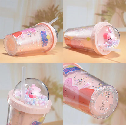 450ML Peppa Pig Plastic Water Bottle – Double-Layer Tumbler with Straw, George Pig Design, Gift for Girls