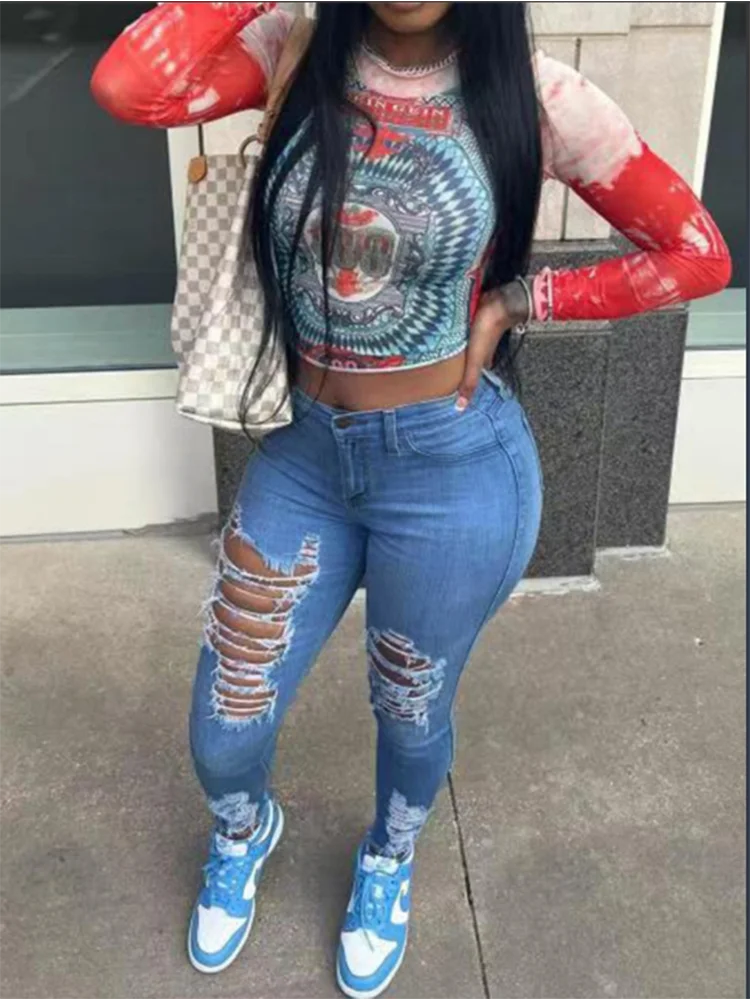 Women’s Ripped Pocket Jeans - High Street Casual Solid Color Fashion Denim Pants for Autumn Style
