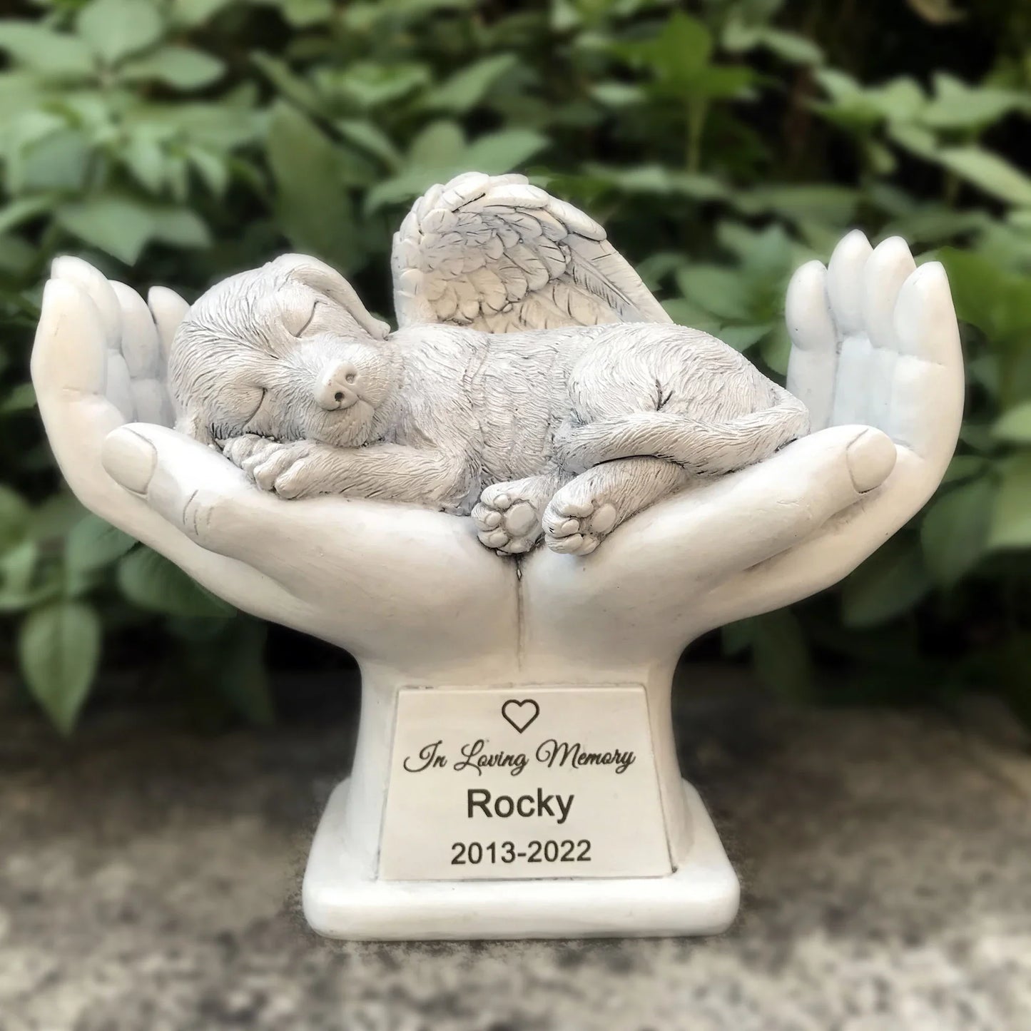 Personalized Dog Memorial Grave Marker – Angel Statue Stone with "In God's Hands" for Pet Headstone & Garden Tribute