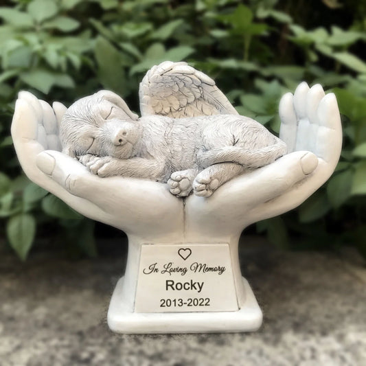 Personalized Dog Memorial Grave Marker – Angel Statue Stone with "In God's Hands" for Pet Headstone & Garden Tribute
