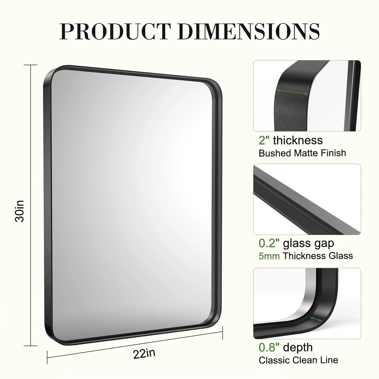 30x40" Large Rectangle Wall Vanity Mirror – Matte Metal Frame, Tempered Glass, Modern Living Room Decor