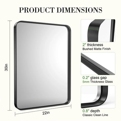 30x40" Large Rectangle Wall Vanity Mirror – Matte Metal Frame, Tempered Glass, Modern Living Room Decor