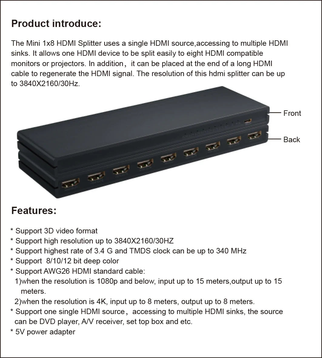 HDMI Splitter 1x8 4K 30Hz — 8-Port Video Distributor Converter, HDCP1.4 for PC, Laptop, PS4, DVD, Projector, TV