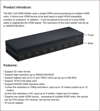 HDMI Splitter 1x8 4K 30Hz — 8-Port Video Distributor Converter, HDCP1.4 for PC, Laptop, PS4, DVD, Projector, TV