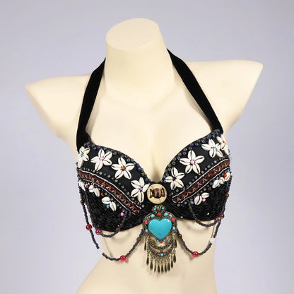 Vintage Gypsy Tribal Belly Dance Push-Up Bra – Wooden Beads Top with Turquoise Medallion