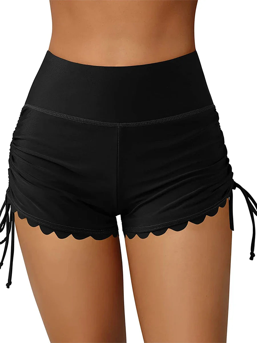 Stay Stylish by the Water with Women's High-Waist Drawstring Swim Shorts - Solid Color Summer Bathing and Surfing Bottoms for Beach-Ready Ladies