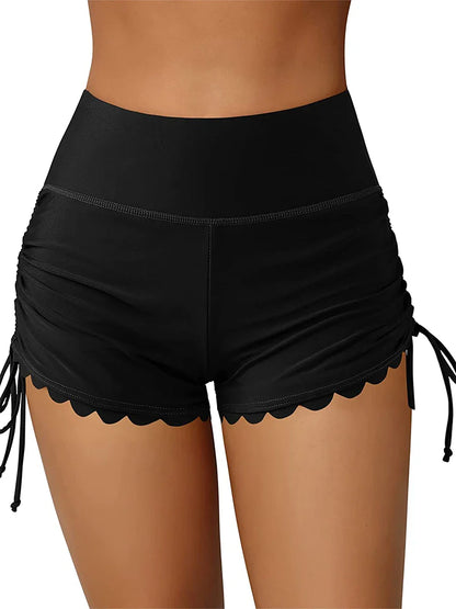 Stay Stylish by the Water with Women's High-Waist Drawstring Swim Shorts - Solid Color Summer Bathing and Surfing Bottoms for Beach-Ready Ladies