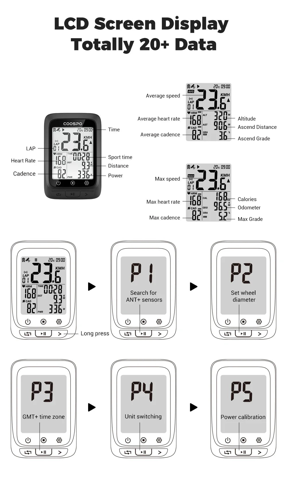 Coospo BC107 GPS Bike Computer — 2.4" Wireless Odometer & Speedometer, Bluetooth 5.0, ANT+, Waterproof