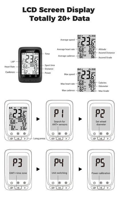 Coospo BC107 GPS Bike Computer — 2.4" Wireless Odometer & Speedometer, Bluetooth 5.0, ANT+, Waterproof