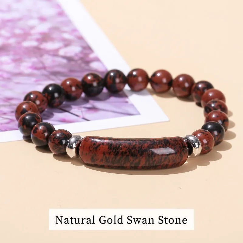 JD Natural Stone Tiger Eye & Amethyst Rectangle Bar Charm Bracelet – Healing Crystal Rough Chakra Jewelry for Men & Women Elastic Wrist Band