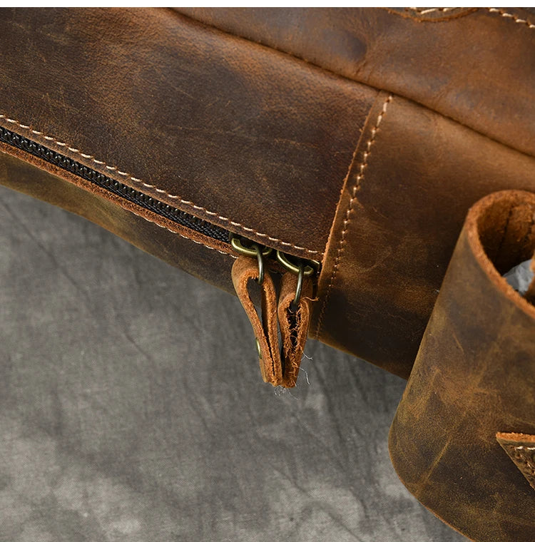 Vintage Crazy Horse Leather Backpack for Men — 17" Laptop Travel Rucksack Cowhide Hiking Bag M815