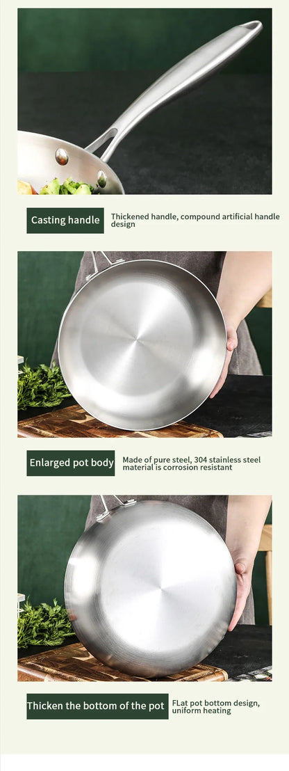 304 Stainless Steel Non-Stick Frying Pan - Uncoated Steak Cookware for Gas Stove and Induction Cooker