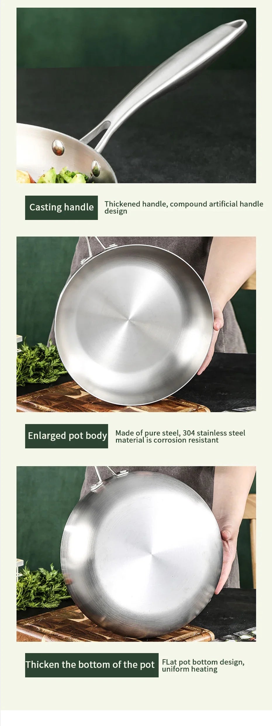 304 Stainless Steel Frying Pan – Non-Stick Skillet for Steak, Gas & Induction Cooking