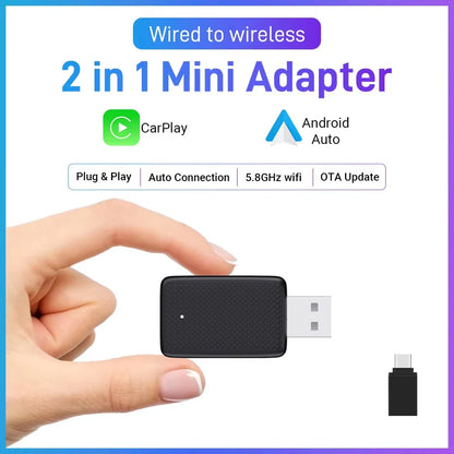 XUDA 2025 2-in-1 Wireless CarPlay & Android Auto Mini Box — Smart Plug & Play Adapter with Bluetooth & Fast WiFi Connect