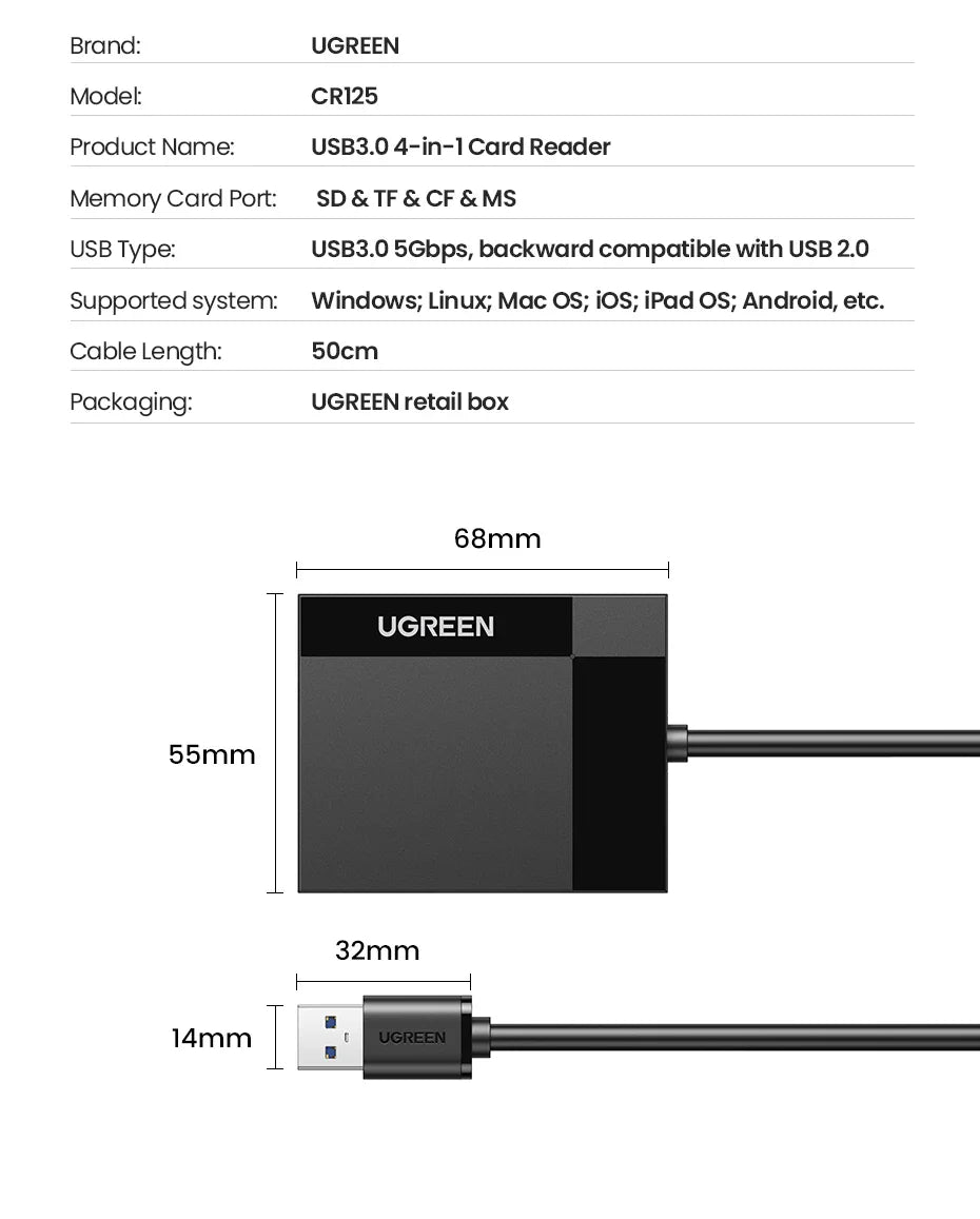 UGREEN 4-in-1 USB 3.0/USB-C Card Reader – SD, Micro SD, TF, CF, MS OTG Adapter for Laptop & PC