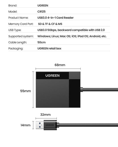 UGREEN 4-in-1 USB 3.0/USB-C Card Reader – SD, Micro SD, TF, CF, MS OTG Adapter for Laptop & PC