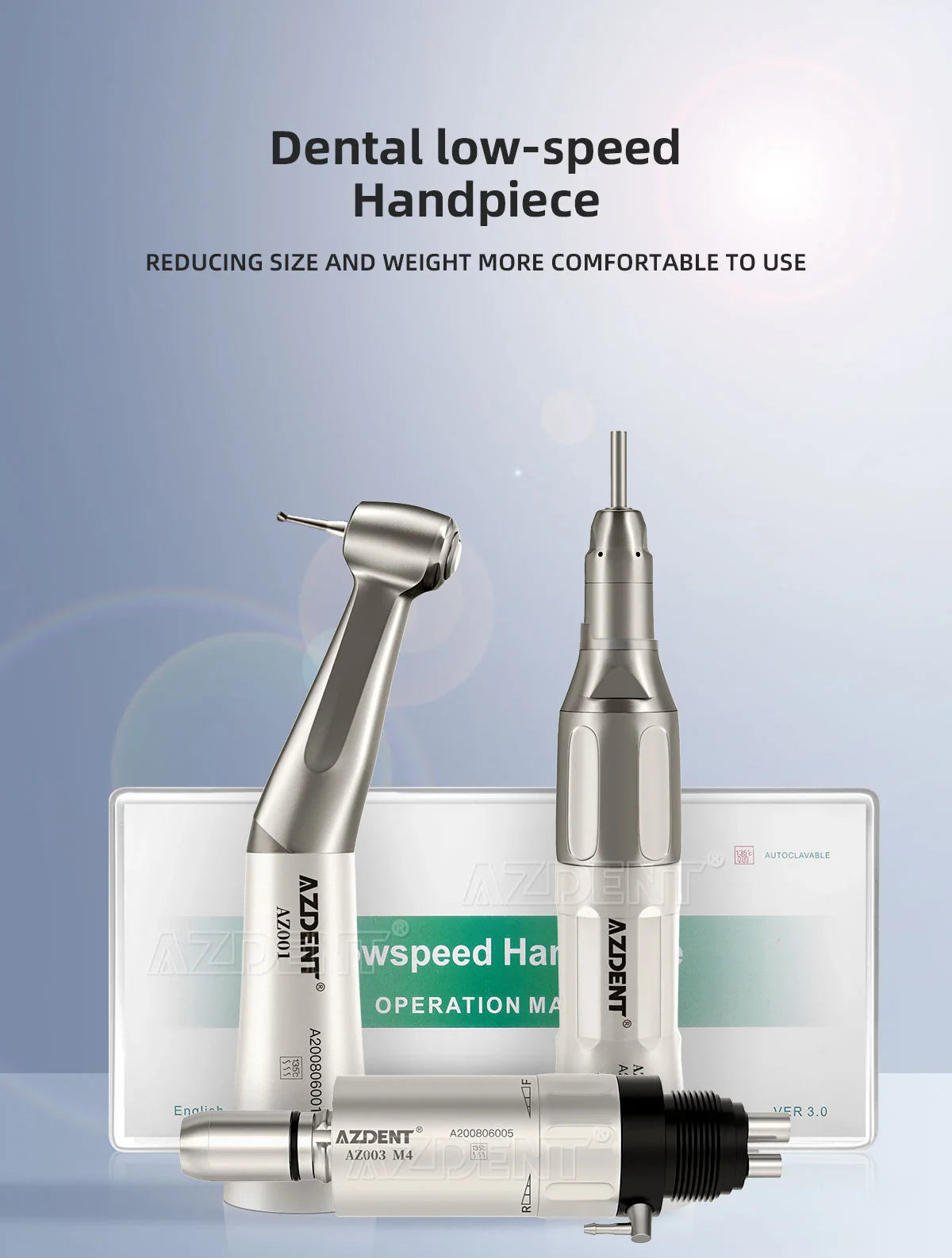 AZDENT Dental Low Speed Handpiece 1:1 Contra Angle – Push Button for ø2.35mm CA Burs, 2/4 Holes, Air Motor