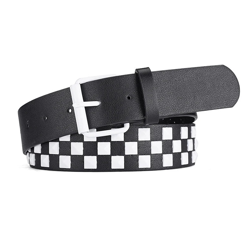 Personalized Rivets Checkerboard PU Leather Belt – 107CM Universal Hip-Hop Punk Fashion Belt for Men & Women