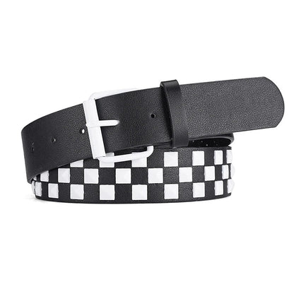 Personalized Rivets Checkerboard PU Leather Belt – 107CM Universal Hip-Hop Punk Fashion Belt for Men & Women