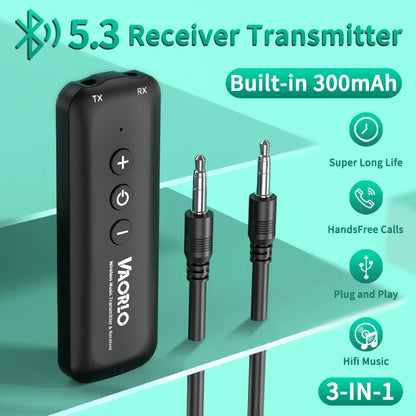 3 in 1 Bluetooth 5.3 Audio Receiver & Transmitter – 3.5mm AUX, USB Wireless Adapter with Mic for TV, PC, Headphones & Car