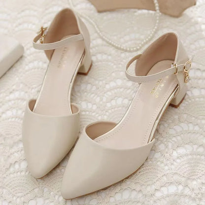 Women’s Elegant White Pearl Buckle Pumps — Square Heel Office & Leisure Shoes