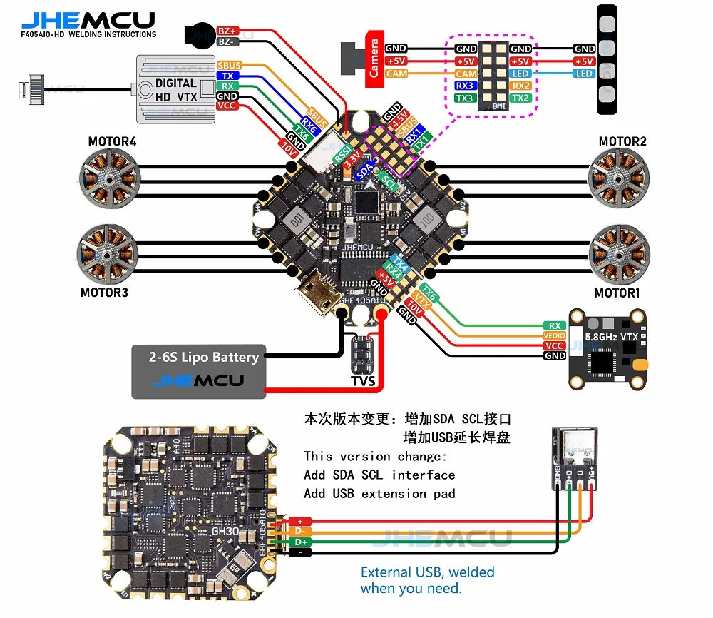JHEMCU GHF405AIO-HD 40A Flight Controller — F405 F4 with Built-in OSD & Blheli-S ESC, 2-6S LiPo for FPV Toothpick Racing Drone