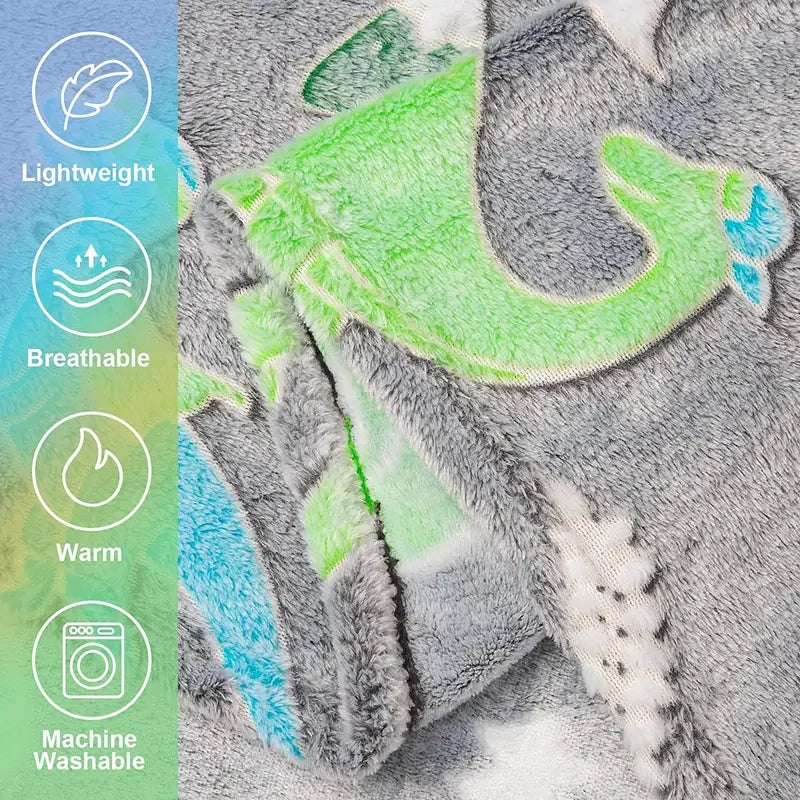 Luminous Unicorn & Dinosaur Plush Blanket – Glow-in-the-Dark Soft Flannel Throw for Boys & Girls, Christmas Gift