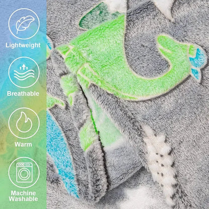 Luminous Unicorn & Dinosaur Plush Blanket – Glow-in-the-Dark Soft Flannel Throw for Boys & Girls, Christmas Gift