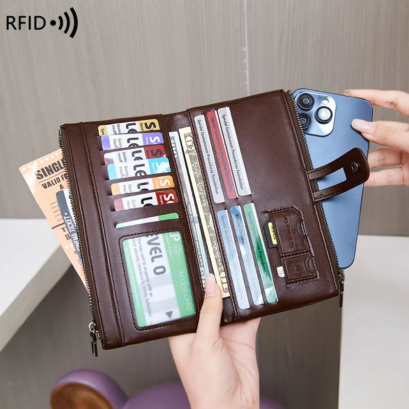 RFID Blocking Large Capacity Wallet – Soft Leather Solid Color Clutch, Multi-Functional Zipper Purse for Women & Men