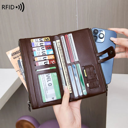 RFID Blocking Large Capacity Wallet – Soft Leather Solid Color Clutch, Multi-Functional Zipper Purse for Women & Men