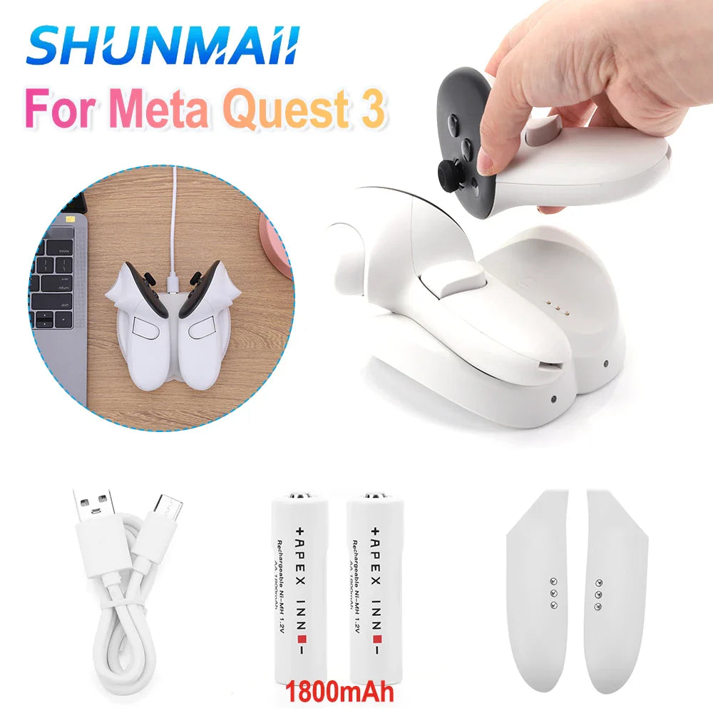 Wireless Charging Dock for Quest 3 Controllers – 2 Rechargeable Batteries for VR Touch Plus Handle, VR Accessories Charger