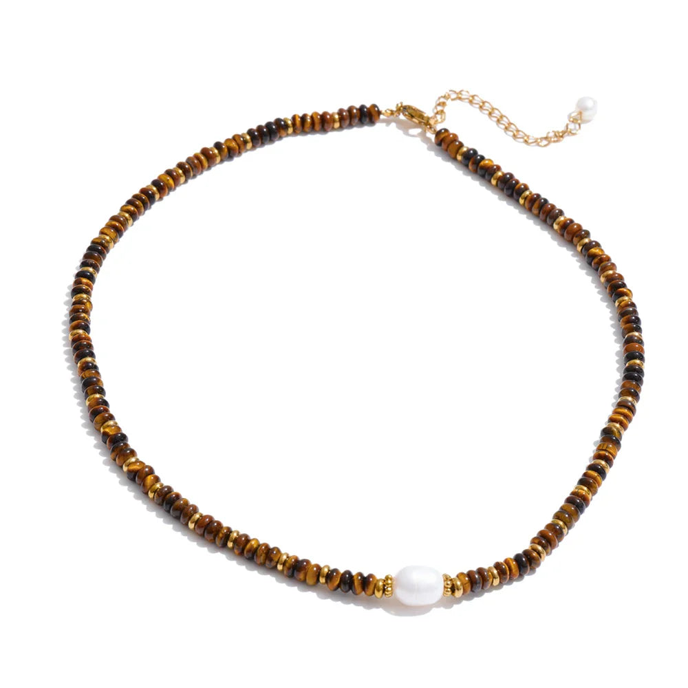 Yhpup Colorful Natural Stone Bead Necklace – Handmade Y2K Stainless Steel Waterproof Chain Jewelry for Women
