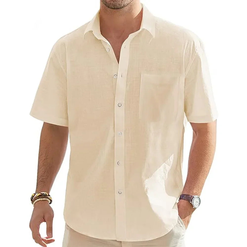 Men’s Cotton Linen Short Sleeve Shirt - Lightweight Casual Beach Vacation Button Top with Pocket