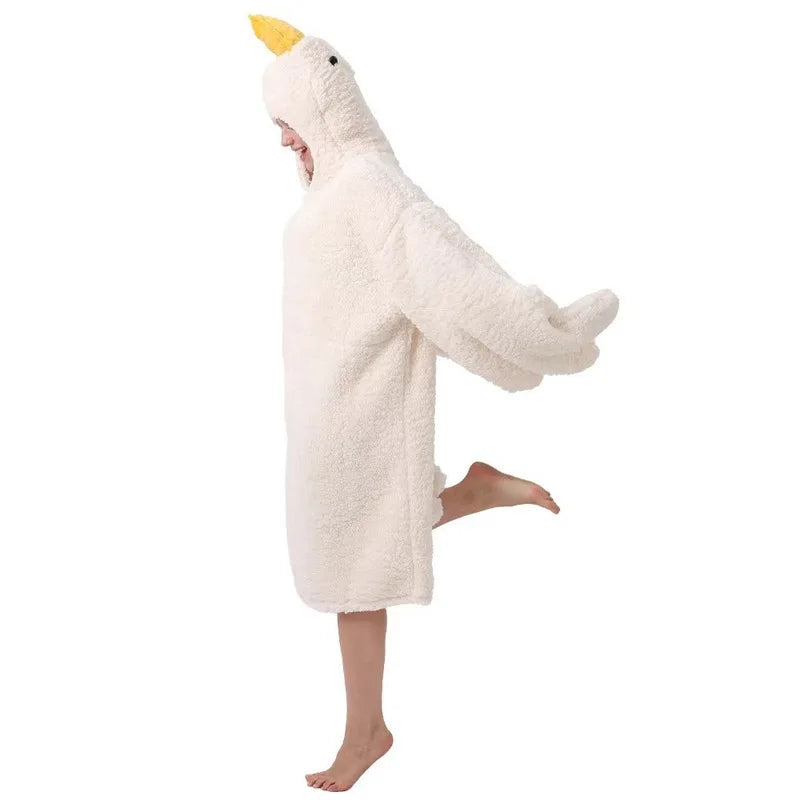 Thick Coral Fleece Goose Hooded Robe - Cute Cartoon Couple Pajamas, Funny Cosplay Nightgown & Cozy Home Sleepwear