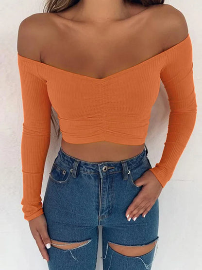Sophisticated Style: Women's Sexy Club Fashion T-Shirt - Long Sleeve Off-Shoulder Solid Color Lady Tee for Autumn, Basic and Chic